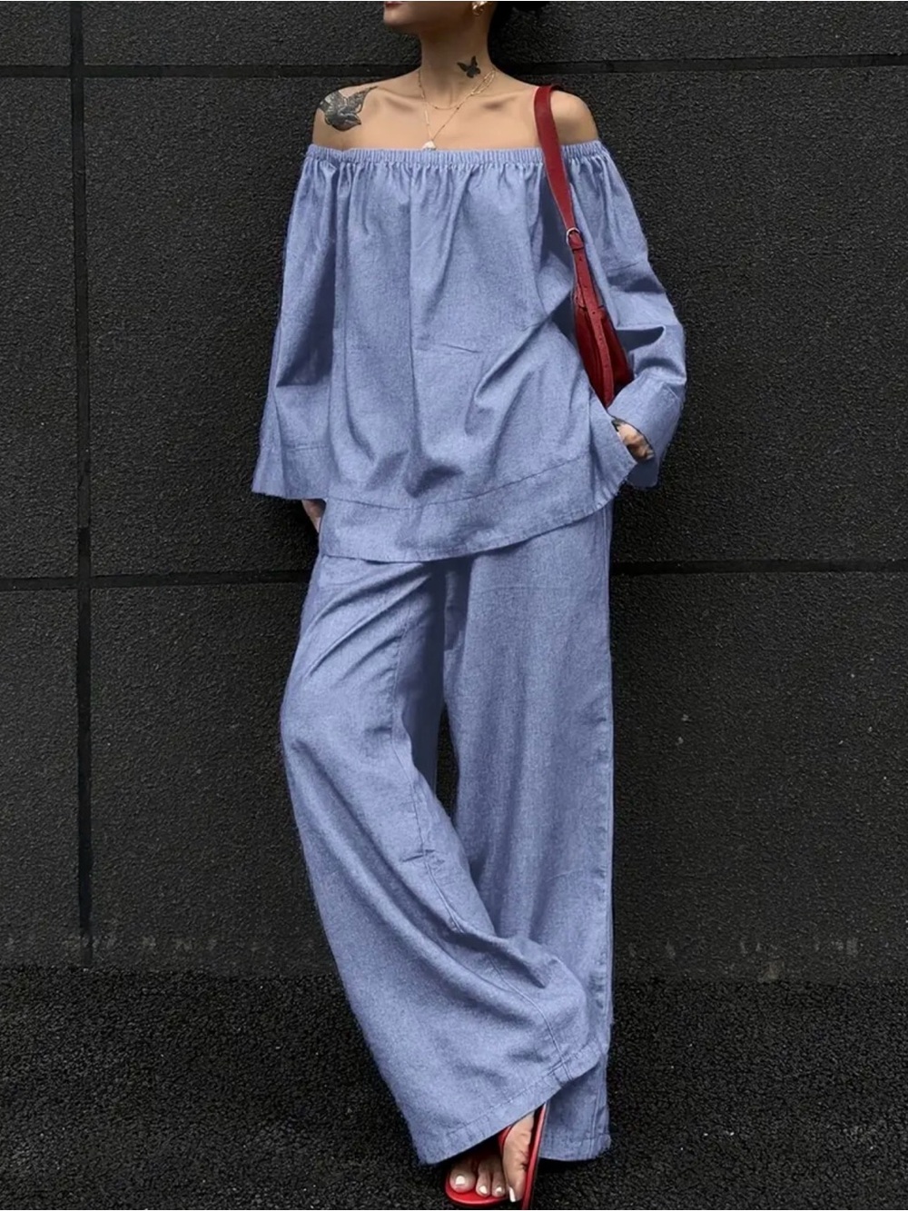 Off-Shoulder Wide-Leg Set in Light Blue